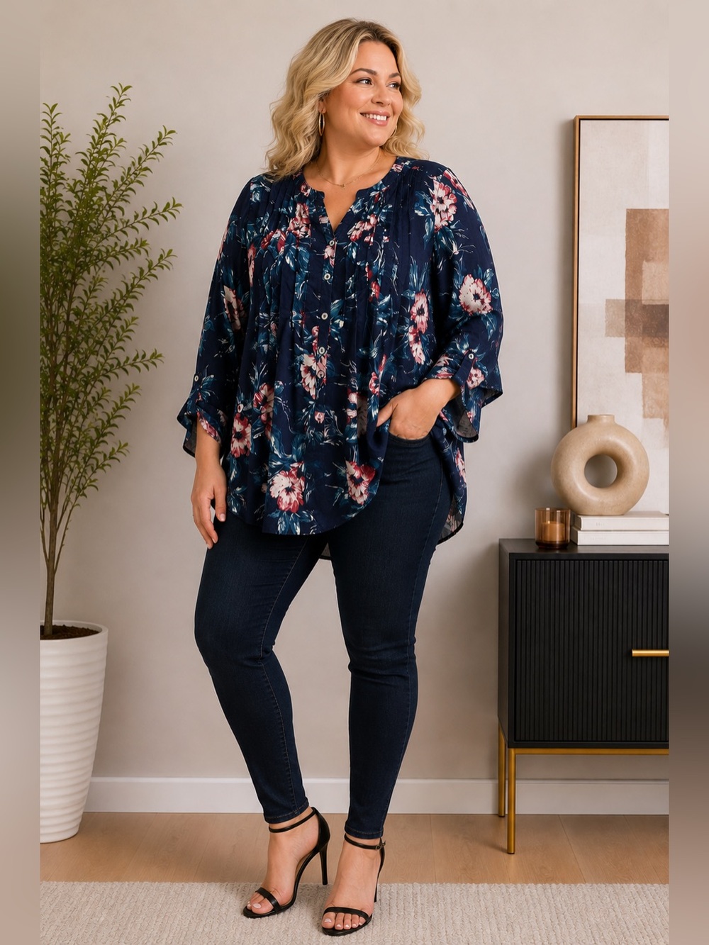 🌺 Roaman’s 18W Floral Button-Front Tunic Top